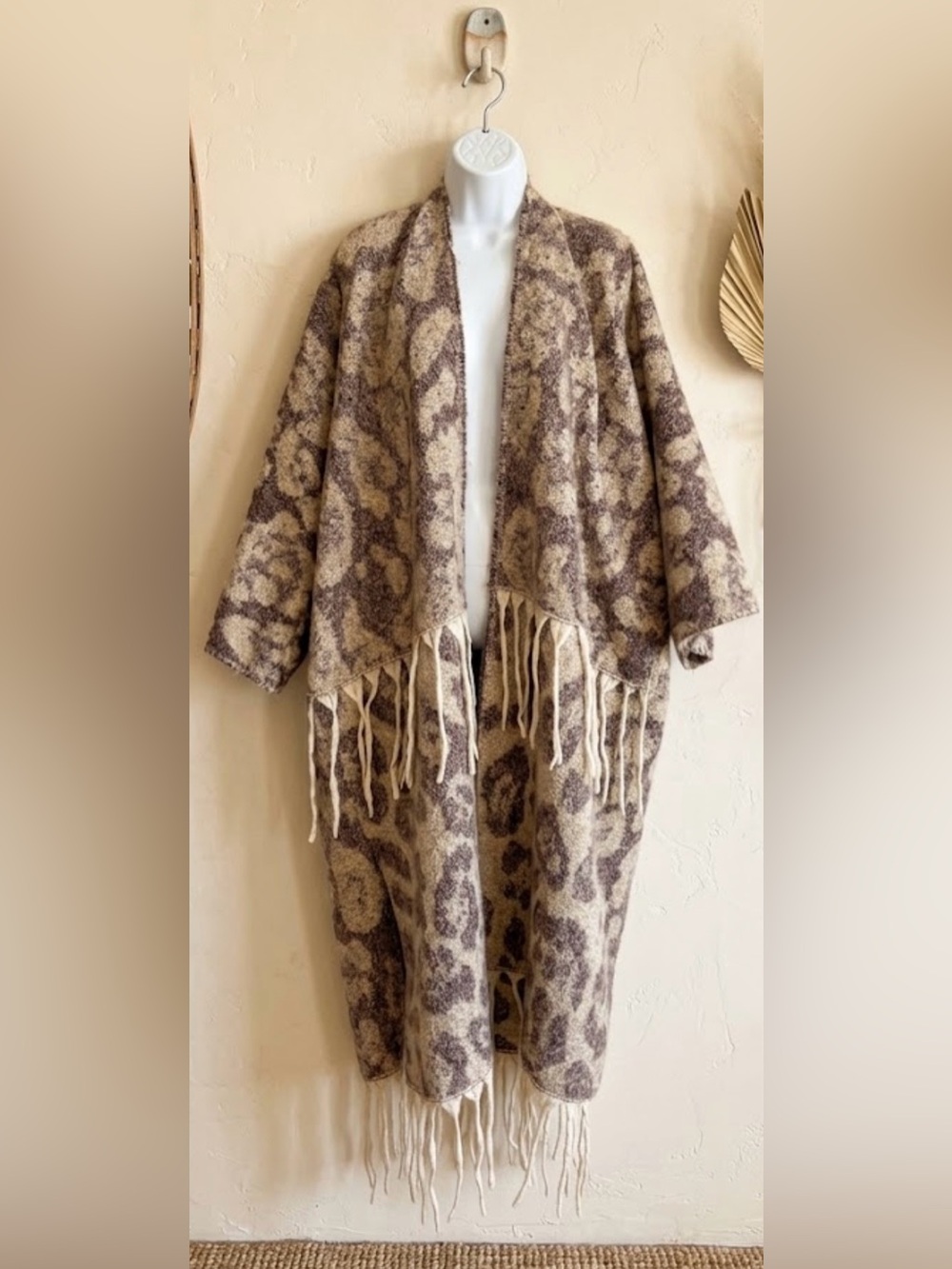 Leopard Print Long Fringed Cardigan Wrap Kimono Boho Blanket Jacket Sweater Cozy